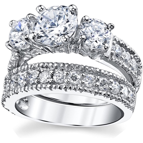 Wedding Band Engagement Bridal set ring paves valentines shiny sterling silver - Picture 1 of 16